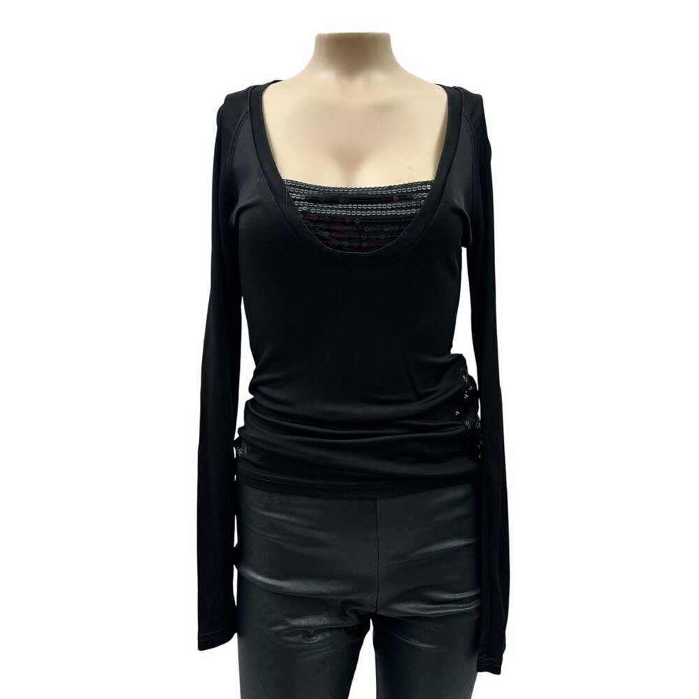 Guess by Marciano Y2K Scoop Neck Sequin Long-Sleeve Fitted Top Black Women 1